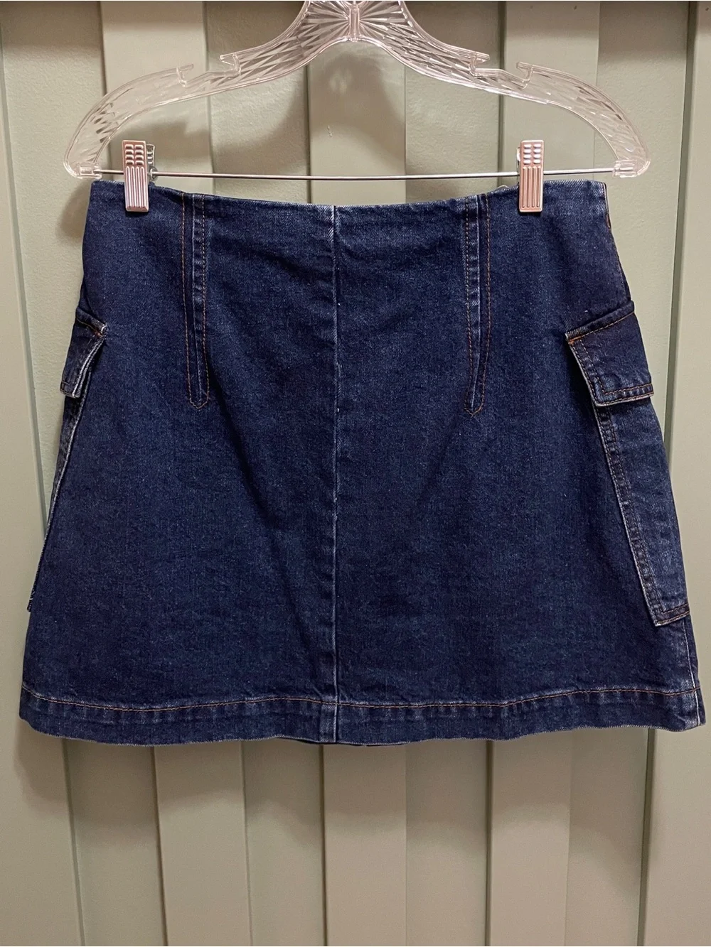 Topshop Moto Dark Blue Denim Button-Front Mini Skirt Lg Pocket Front 30